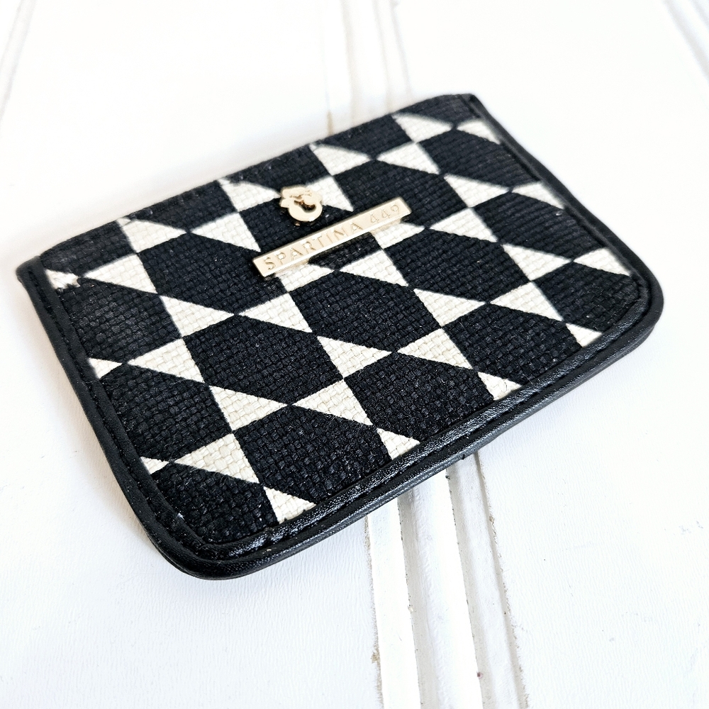 Spartina 449 Card Holder OS Rhett RFID Linen Leather Slim Geo Wallet Black Cream